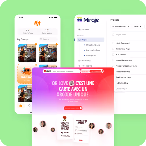 Exemples d’interfaces utilisateur pour une application de jumelage, un tableau de bord de gestion de projet nommé Mirage, et une page web promouvant une carte QR unique appelée QR LOVE.